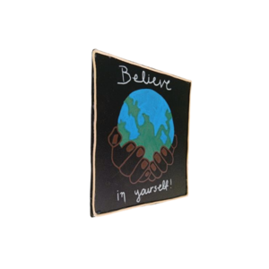Χειροποίητο καδράκι μαυροπίνακα με την υδρόγειο σφαίρα και επιγραφή Believe in yourself. - πίνακες & κάδρα, DIY - 2
