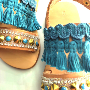 Κοριτσίστικα σανδάλια με μπλε τρέσα και πετρούλες για κορίτσια / Σανδάλια σε μικρό νούμερο - ημιπολύτιμες πέτρες, σανδάλι, πέδιλα, σανδάλια - 2