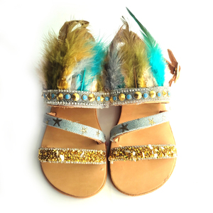 Δερμάτινα σανδάλια με φτερά και ημιπολύτιμες πέτρες για κορίτσια / Χειροποίητα πολύχρωμα σανδάλια - φτερό, σανδάλι, πέδιλα, σανδάλια