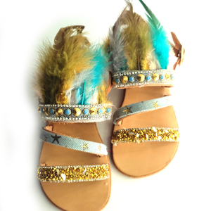 Δερμάτινα σανδάλια με φτερά και ημιπολύτιμες πέτρες για κορίτσια / Χειροποίητα πολύχρωμα σανδάλια - φτερό, σανδάλι, πέδιλα, σανδάλια - 3
