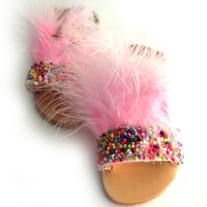 Δερμάτινα σανδάλια με ροζ φτερά και πολύχρωμες πέτρες για κορίτσια / Χειροποίητα πολύχρωμα σανδάλια - φτερό, σανδάλι, πέδιλα, σανδάλια - 2