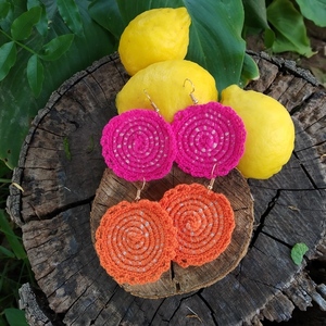 Σκουλαρίκια crochet Full Moon πορτοκαλί στρογγυλά πλεκτά - νήμα, boho, κρεμαστά, μεγάλα, πλεκτά - 2