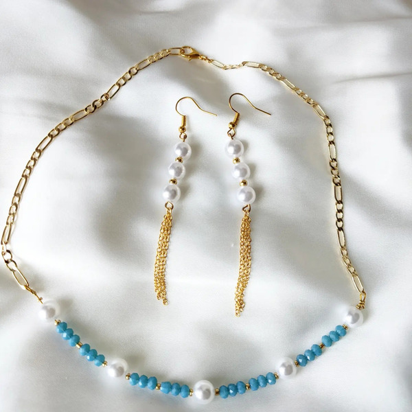 Χρυσή αλυσίδα σε συνδυασμό με χάντρες γαλάζιες και πέρλες - αλυσίδες, επιχρυσωμένα, χάντρες, πέρλες - 2