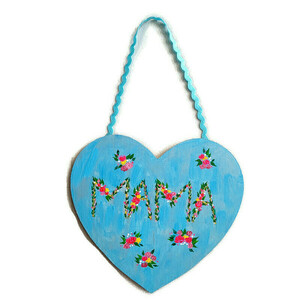 Ξύλινη γαλάζια καρδιά "μαμά" 15*14 cm ζωγραφισμένη στο χέρι - ζωγραφισμένα στο χέρι, καρδιά, μαμά, διακοσμητικά