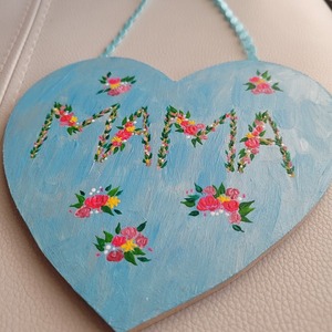 Ξύλινη γαλάζια καρδιά "μαμά" 15*14 cm ζωγραφισμένη στο χέρι - ζωγραφισμένα στο χέρι, καρδιά, μαμά, διακοσμητικά - 5
