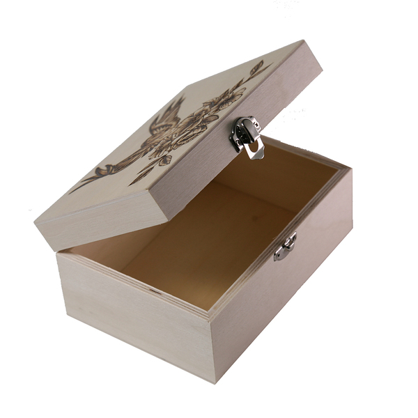 Ξύλινο κουτί με πυρογραφία πουλί και λουλούδια 17x12x8cm - ξύλο, οργάνωση & αποθήκευση - 3