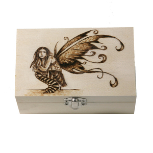 Ξύλινο κουτί με πυρογραφία ξωτικό νεράιδα - οργάνωση & αποθήκευση, ξύλο, νεράιδα