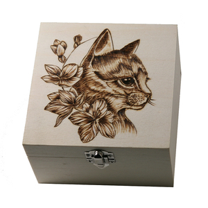 Ξύλινο κουτί με πυρογραφία γάτα 13x13x8cm - ξύλο, οργάνωση & αποθήκευση, γάτα