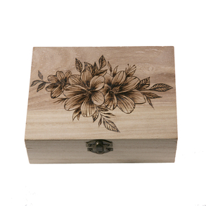 Ξύλινο κουτί με πυρογραφία λουλούδια 16x12x5,5cm - οργάνωση & αποθήκευση, ξύλο