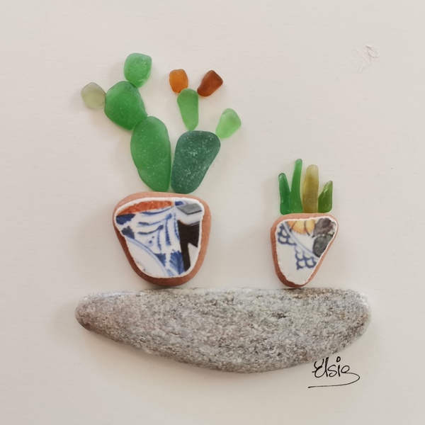 Καδράκι με βότσαλο και γυαλάκια της θάλασσας, Cactus - πίνακες & κάδρα, βότσαλα - 2