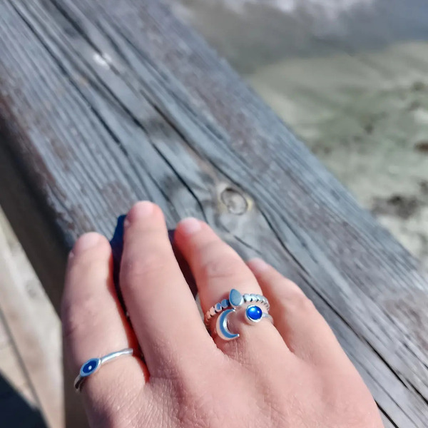Ατσάλινο δαχτυλίδι με φεγγάρι και μπλε πέτρα - ημιπολύτιμες πέτρες, επάργυρα, φεγγάρι, ατσάλι, αυξομειούμενα - 2