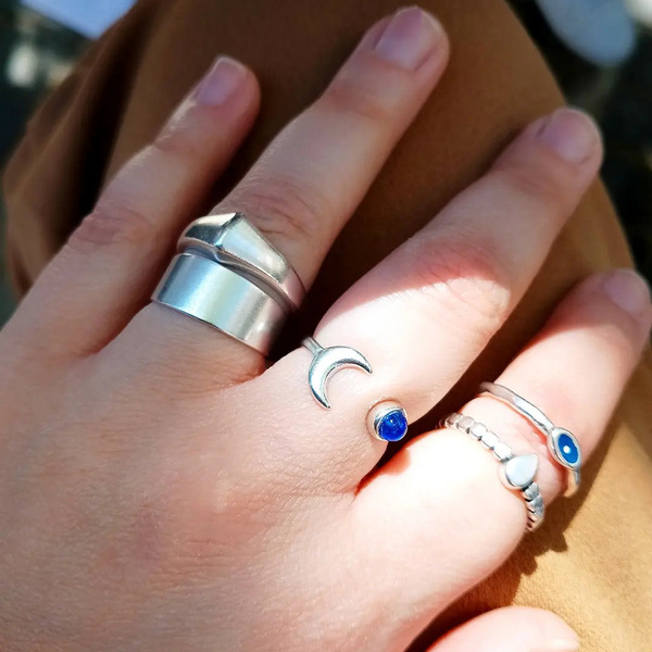 Ατσάλινο δαχτυλίδι με φεγγάρι και μπλε πέτρα - ημιπολύτιμες πέτρες, επάργυρα, φεγγάρι, ατσάλι, αυξομειούμενα - 3