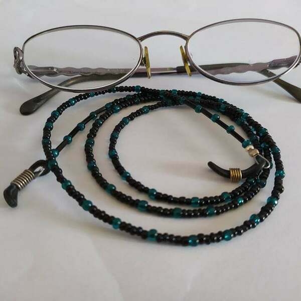 Αλυσίδα γυαλιών από μαύρες και μπλε-πράσινες χάντρες - αλυσίδες, γυαλιά ηλίου, κορδόνια γυαλιών