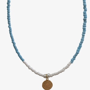 Κολιέ κοντό από γυαλινες κοντεριες και ατσάλινο κρεμαστό -μήκος 40 εκ - τσόκερ, κοντά, ατσάλι, seed beads, μπλε χάντρα