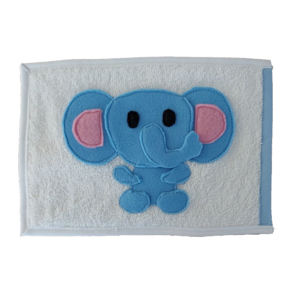 Σφουγγάρι παιδικό πετσετέ τύπου γάντι σχέδιο μπλε ελέφαντας διάστασης 18x26εκ - χειροποίητα, ελεφαντάκι