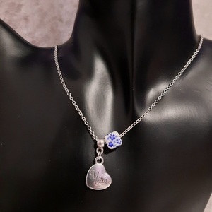 Μενταγιόν με ατσάλινη αλυσίδα με επάργυρο στοιχείο καρδιά και κεραμικό κύβο με γαλάζια λουλούδια, μήκος 45εκ - charms, μαμά, κοσμήματα - 5