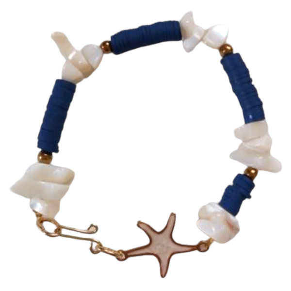 Βραχιόλι με τσιπς κοράλι σε λευκό χρώμμα και μπλε φίμο ροδέλες-μήκος 18εκ - κοχύλι, σμαλτο, σταθερά, χεριού