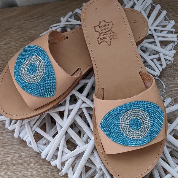 Δερμάτινα Σανδάλια με μάτι Blue Eyes Sandals - δέρμα, στρας, φλατ - 2