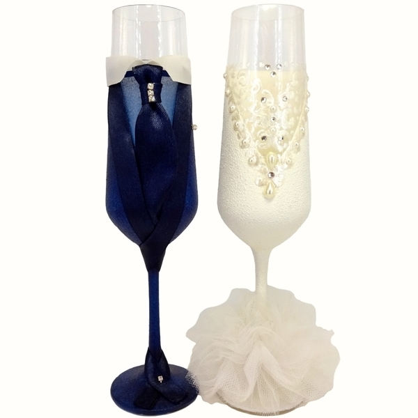 Σετ 2 ποτήρια σαμπάνιας γάμου αρραβώνα κρυστάλλινα μπλε - 2