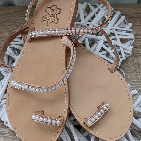 Δερμάτινα σανδάλια Perles and Strass - δέρμα, στρας, πέρλες, φλατ, ankle strap