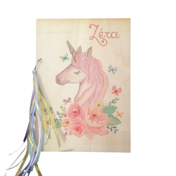 Ξύλινο βιβλίο ευχών μονόκερος προσωποποιημένο - κορίτσι, λουλούδι, personalised, μονόκερος