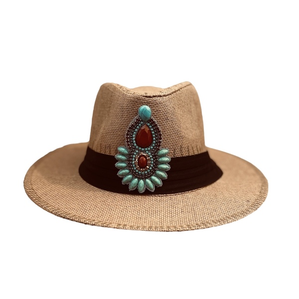 Ψάθινο καπέλο Panama - Boho crystal - ζωγραφισμένα στο χέρι, απαραίτητα καλοκαιρινά αξεσουάρ, ψάθινα