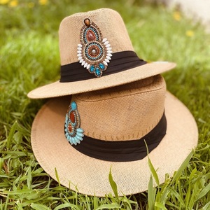 Ψάθινο καπέλο Panama - Boho crystal - ζωγραφισμένα στο χέρι, απαραίτητα καλοκαιρινά αξεσουάρ, ψάθινα - 2