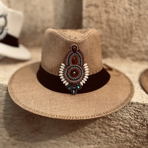 Ψάθινο καπέλο Panama - Boho crystal - ζωγραφισμένα στο χέρι, απαραίτητα καλοκαιρινά αξεσουάρ, ψάθινα - 3