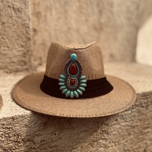 Ψάθινο καπέλο Panama - Boho crystal - ζωγραφισμένα στο χέρι, απαραίτητα καλοκαιρινά αξεσουάρ, ψάθινα - 4