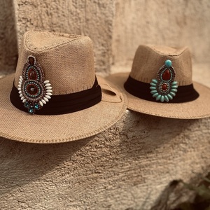 Ψάθινο καπέλο Panama - Boho crystal - ζωγραφισμένα στο χέρι, απαραίτητα καλοκαιρινά αξεσουάρ, ψάθινα - 5