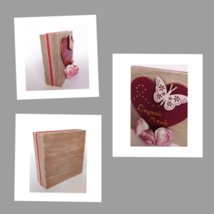 Επιτραπέζιο ξύλινο διακοσμητικό για τη γιορτή της μητέρας με ξύλινη Μπορντό καρδιά, ξύλινη πεταλούδα και λουλούδια 12*12*4 - ξύλο, δώρο, μαμά, διακοσμητικά - 2