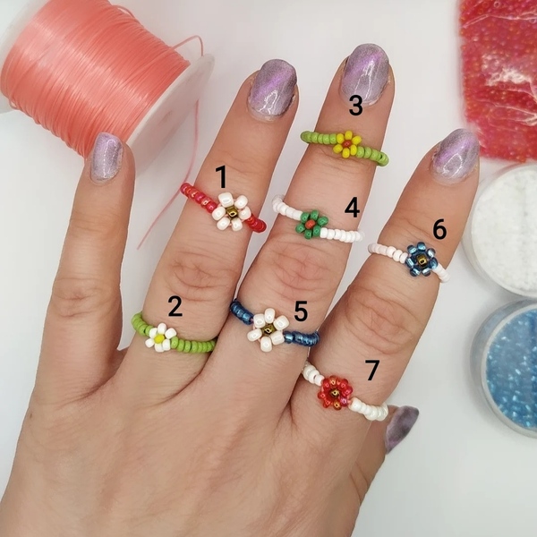 Πολύχρωμα δαχτυλιδάκια με χάντρες (σετ των 3) - γυαλί, chevalier, χάντρες, λουλούδι, αυξομειούμενα - 3