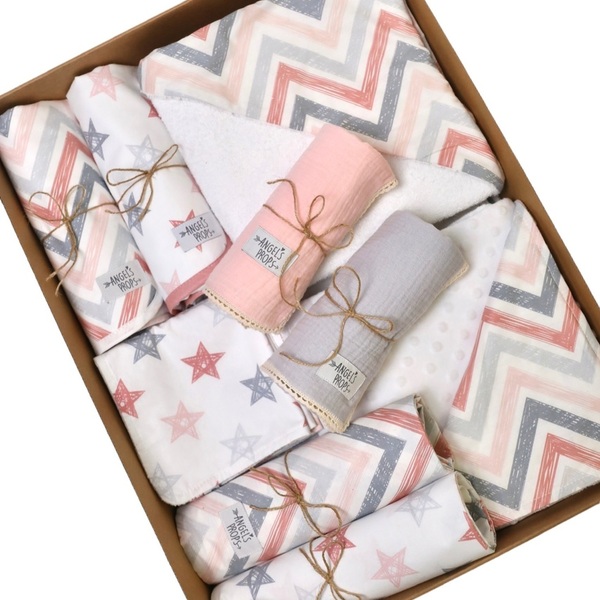 Newborn Box - Σετ νεογέννητου 10 τεμαχίων - "Poudre Chevron" - κορίτσι, δώρα για βάπτιση, βρεφικά, προίκα μωρού, σετ δώρου