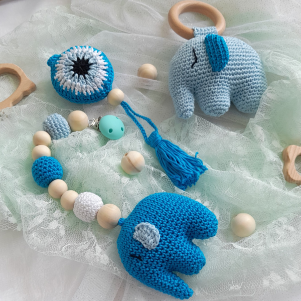 Σετ δώρου για νεογέννητο με θέμα τον ελέφαντα σε αποχρώσεις του μπλε. - δώρο, σετ δώρου, κουδουνίστρα, ζωάκια - 4