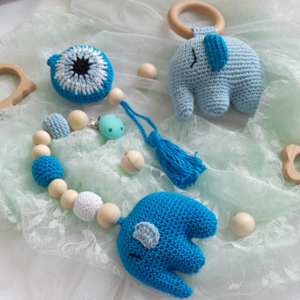 Σετ δώρου για νεογέννητο με θέμα τον ελέφαντα σε αποχρώσεις του μπλε. - δώρο, σετ δώρου, κουδουνίστρα, ζωάκια - 4