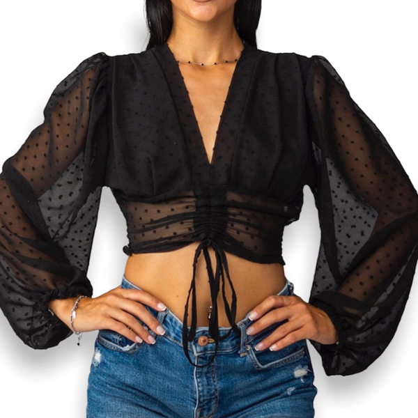 Γυναικεία μπλούζα top μακρυμάνικη με διαφάνεια - βαμβάκι, crop top, μακρυμάνικες