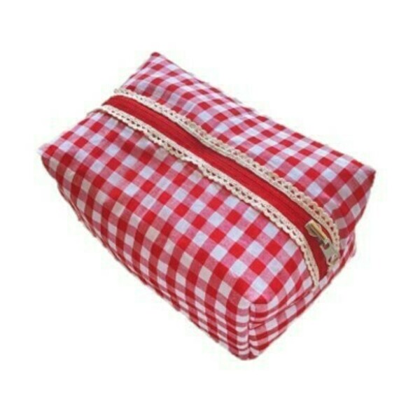 Νεσεσέρ 2 όψεων / Pouch Bag "κερασάκι, καρώ κόκκινο'' XL (23x14x10) - ύφασμα, αξεσουάρ παραλίας, δώρα για γυναίκες, καλλυντικών, ταξιδίου - 4
