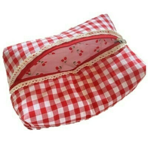 Νεσεσέρ 2 όψεων / Pouch Bag "κερασάκι, καρώ κόκκινο'' XL (23x14x10) - ύφασμα, αξεσουάρ παραλίας, δώρα για γυναίκες, καλλυντικών, ταξιδίου - 2