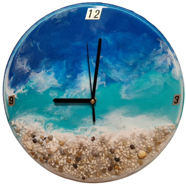 Επιτοίχιο ρολόϊ με υγρό γυαλί σε μπλέ χρώμα με διάμετρο 35εκ. - ξύλο, τοίχου, εποξική ρητίνη