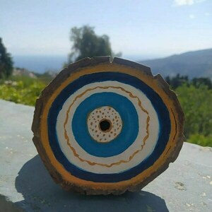 Evileye in blue-ακρυλικό σε φυσικό ξύλο καρυδιάς-διαμετρος 14cm - ξύλο, διακοσμητικά - 2