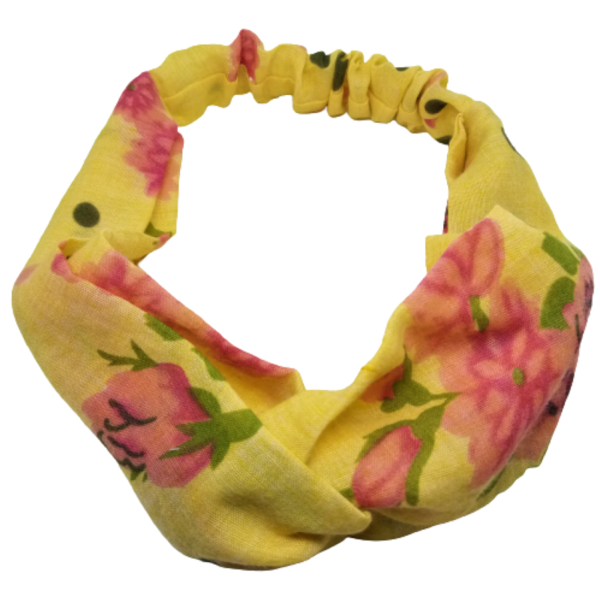 Κορδέλα Turban Style κίτρινη με λουλούδια ροζ - ύφασμα, turban, δώρα για γυναίκες, κορδέλες μαλλιών