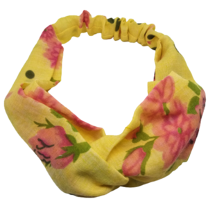 Κορδέλα Turban Style κίτρινη με λουλούδια ροζ-φούξια - ύφασμα, turban, δώρα για γυναίκες, κορδέλες μαλλιών