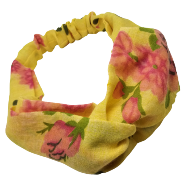 Κορδέλα Turban Style κίτρινη με λουλούδια ροζ - ύφασμα, turban, δώρα για γυναίκες, κορδέλες μαλλιών - 2