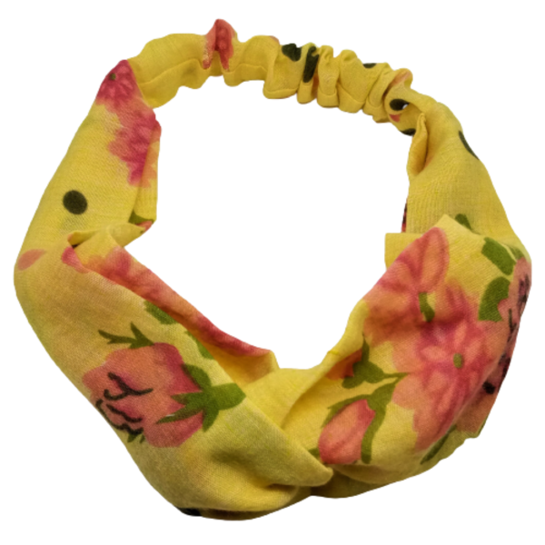 Κορδέλα Turban Style κίτρινη με λουλούδια ροζ-φούξια - κορδέλες μαλλιών, turban, δώρα για γυναίκες, ύφασμα - 3