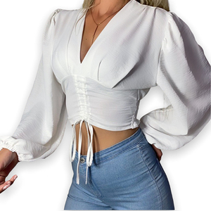 Τοπ μπλούζα με φουσκωτό μανίκι λευκό χρώμα - πολυεστέρας, crop top, μακρυμάνικες
