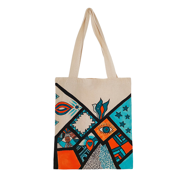 Υφασμάτινη τσάντα ώμου ζωγραφισμένη στο χέρι / orange-blue - ύφασμα, ώμου, all day, tote, πάνινες τσάντες