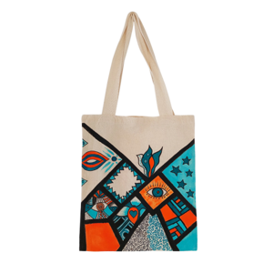 Υφασμάτινη τσάντα ώμου ζωγραφισμένη στο χέρι / orange-blue - ύφασμα, ώμου, all day, tote, πάνινες τσάντες
