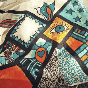 Υφασμάτινη τσάντα ώμου ζωγραφισμένη στο χέρι / orange-blue - ύφασμα, ώμου, all day, tote, πάνινες τσάντες - 2