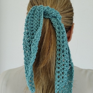 Μαντήλι crochet χειροποίητο γαλάζιο - νήμα, κορδέλες μαλλιών, 100% βαμβακερό - 4