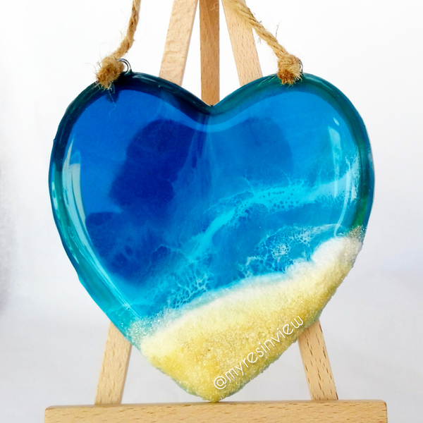 Διακοσμητική καρδιά με ρητίνη - 13.5 εκ. - Τιρκουάζ - Πετρόλ - πίνακες & κάδρα, ρητίνη, θάλασσα, εποξική ρητίνη
